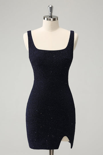 Vestido de cóctel ajustado con cuello cuadrado y abertura en azul oscuro brillante